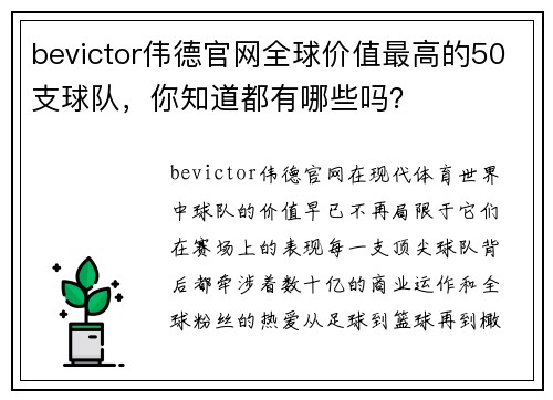bevictor伟德官网全球价值最高的50支球队，你知道都有哪些吗？